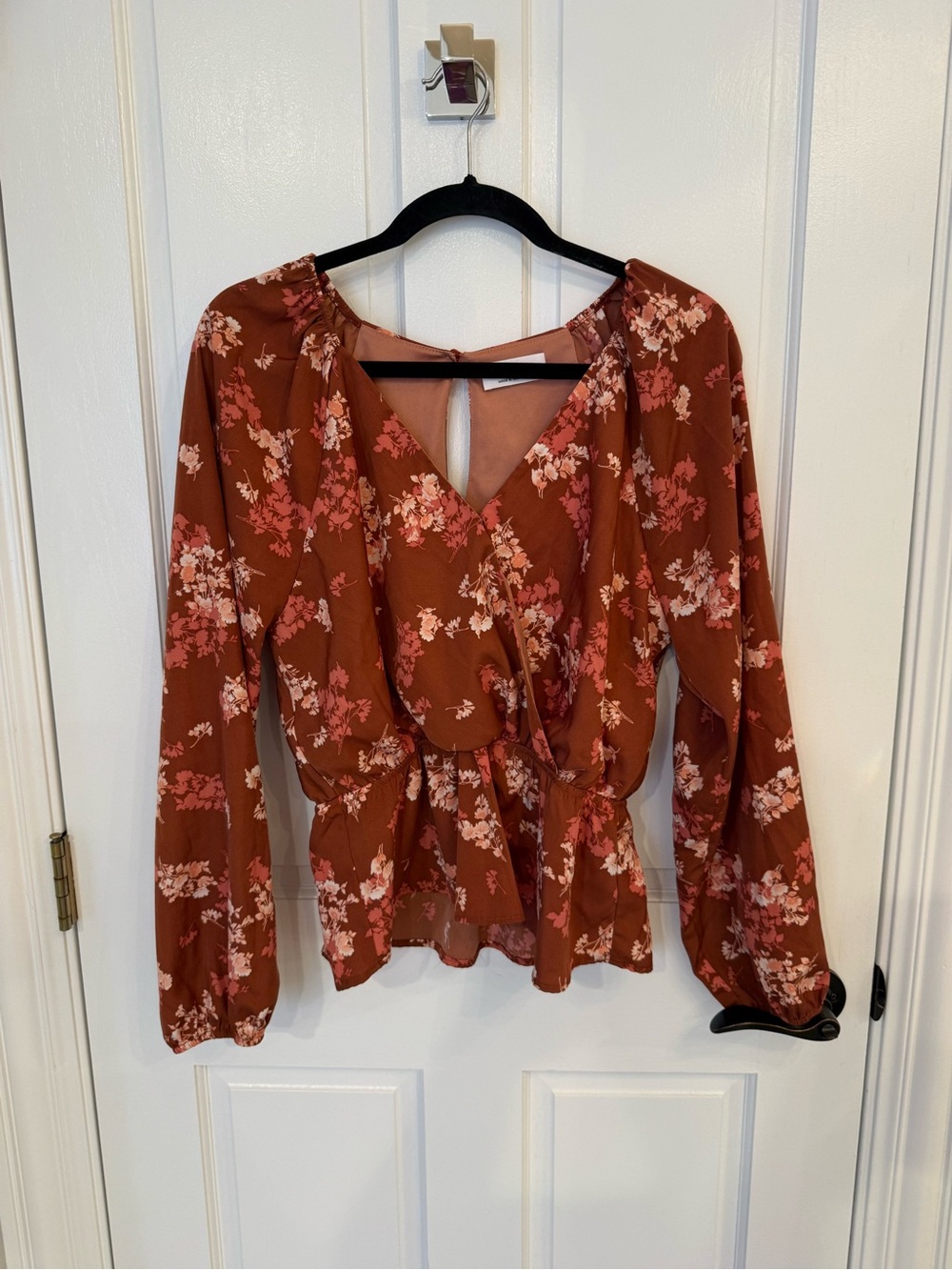 Kaileigh Rust Floral Tie-Front Peplum Blouse